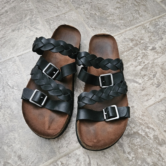 Black Braided Sandals with Straps, Buckles Leather Size 7.5 Size 8 - Picture 1 of 5